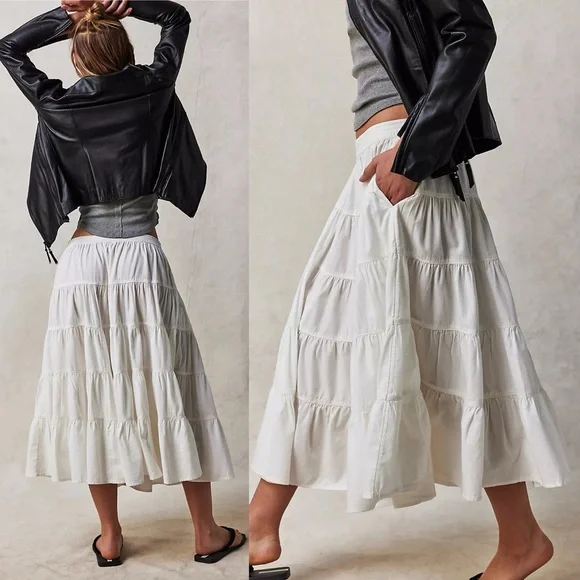 Free People In Full Swing Midi Skirt Tiered Peasant Ivory White Cotton NEW Small - Picture 9 of 13
